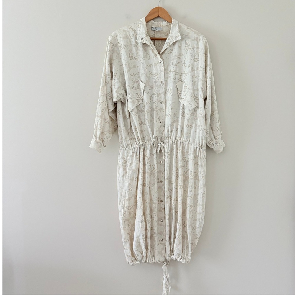 Marimekko Dress Shirt Dress S Beige Vintage Cotton Snap Front Drawstring Finnish